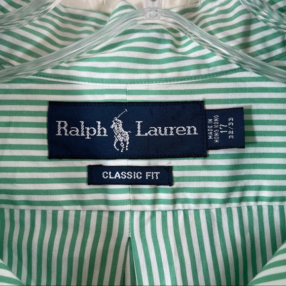 Ralph Lauren Button Down Green White Stripe Classic Fit, Men's Size 17 32/33 - Picture 2 of 8